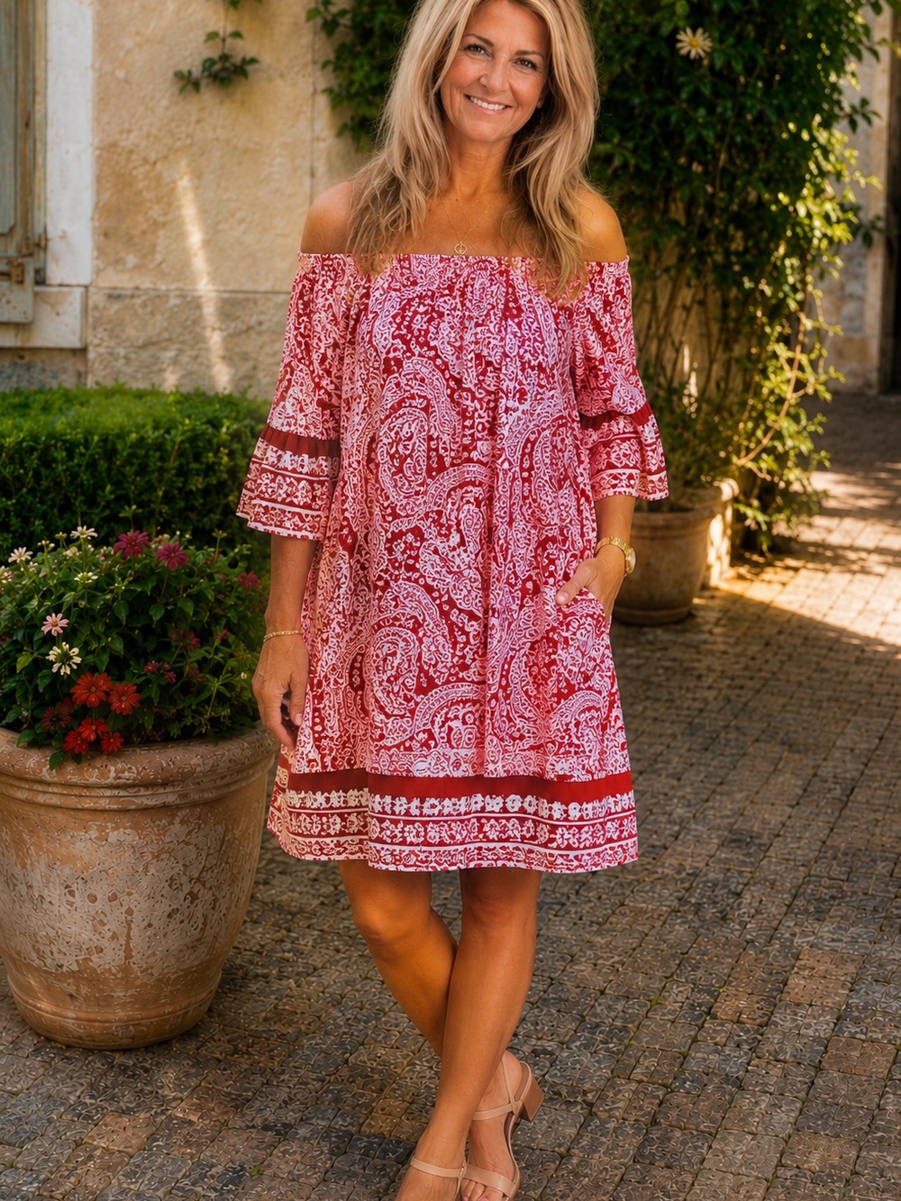 Umgee USA Red White Paisley Peasant Dress Medium Off Shoulder Bell Sleeve Boho